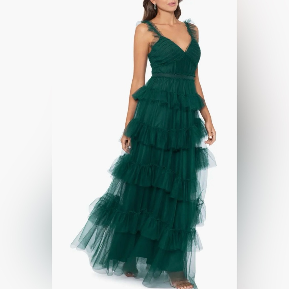 Betsy & Adam Ruffle Tier Gown, Hunter Green